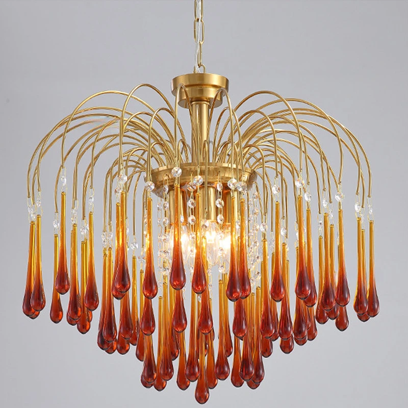 

French Retro Living Room Lamp Water Drop Shape Chandelier Amber Bedroom Light Luxury Romantic High-end Porch