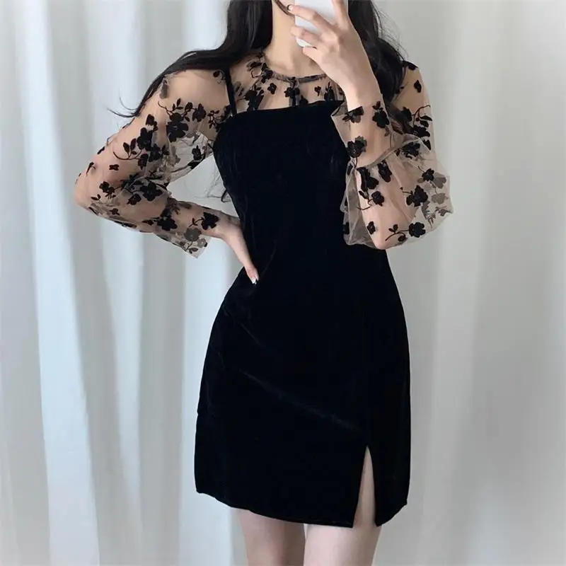 

Spring and Autumn Women's Korean Version Retro Fashion Black Slim Sexy Mesh Waist Slit Mini Dress Women's Party Clothes