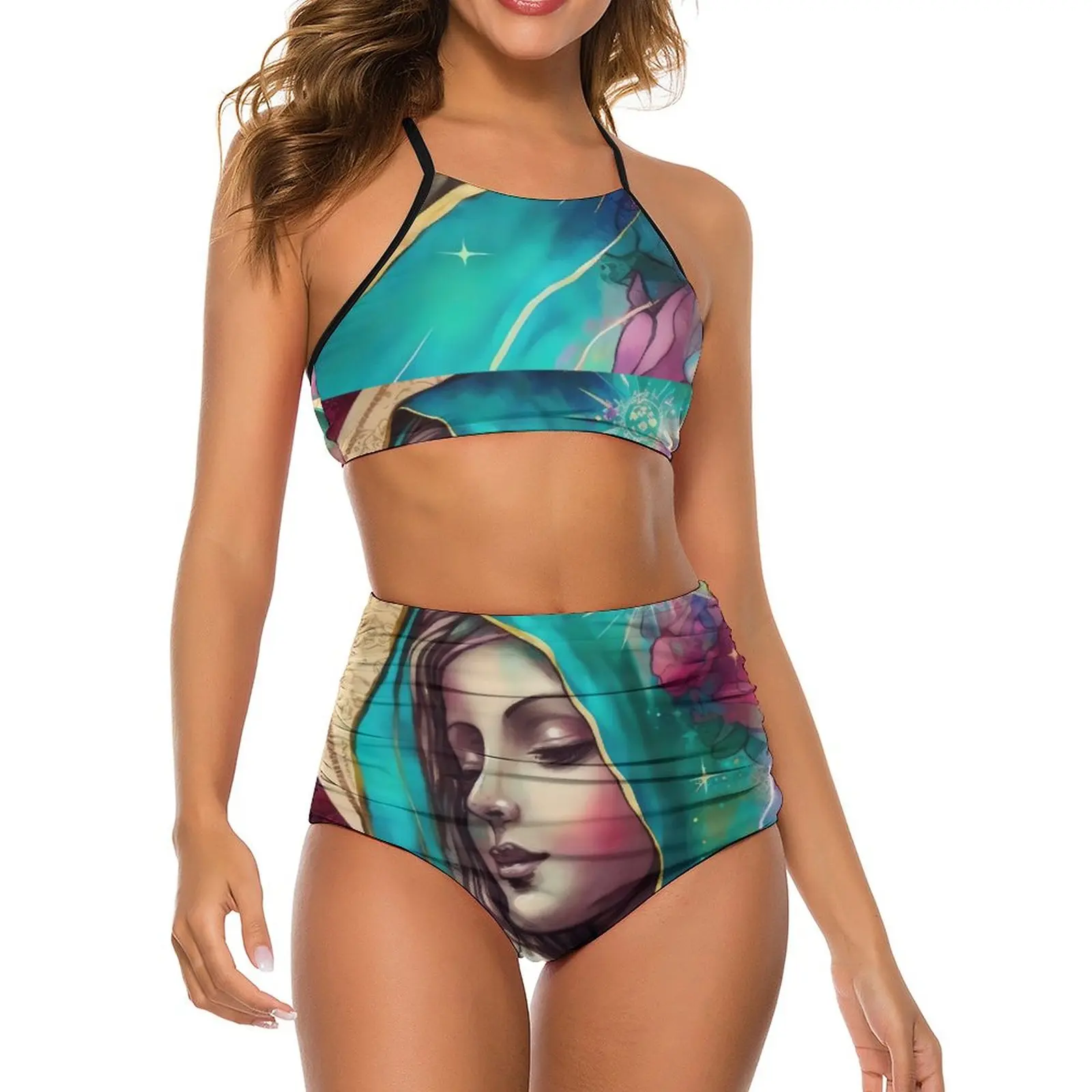 

Купальник-бикини женский с высокой талией и принтом