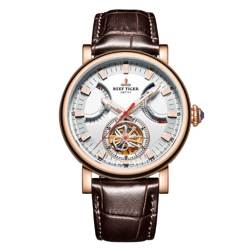

Reef Tiger Luxury Mens Watches,Men Automatic Watch Mechanical Wristwatch Waterproof Sapphire Skeleton Power Reserve Leather Band