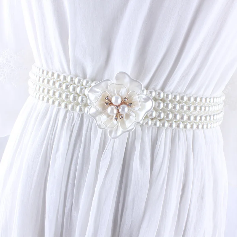 Elegant Luxury Designer Women Pearl Chain Belts for Dress Coat Flower Elastic Waist Seal Wide Straps Stretch Wrap Cummerbund