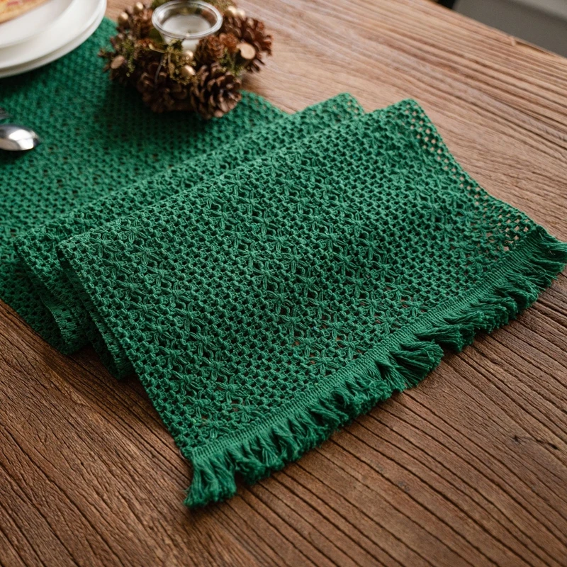 Green Bohemian Cotton Flat Table Runner With Fringe Crochet Lace Mesh Tablecloth Kitchen Vintage Farmhouse Wedding Decor