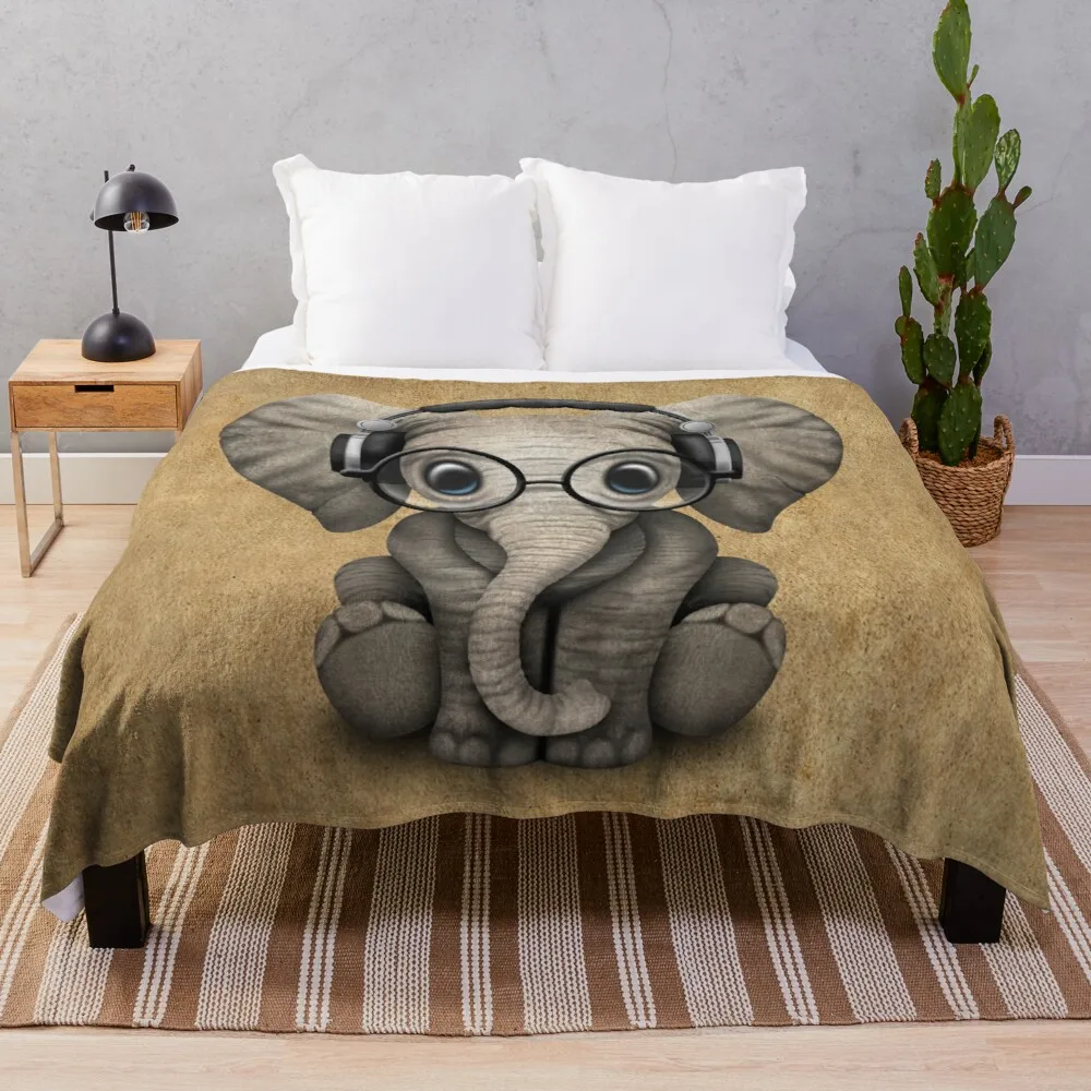 

Cute Baby Elephant Dj Wearing Headphones and Glasses Throw Blanket Grinch Blankets Blippi Blanket