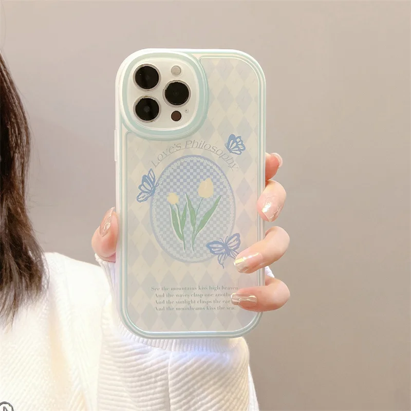 

Fashion Art Korean Style Cute Flower Soft Phone Case For IPhone 12 11 13 Pro Max Xs XR 7 8 Plus SE Camera lens Bumper Back Cover
