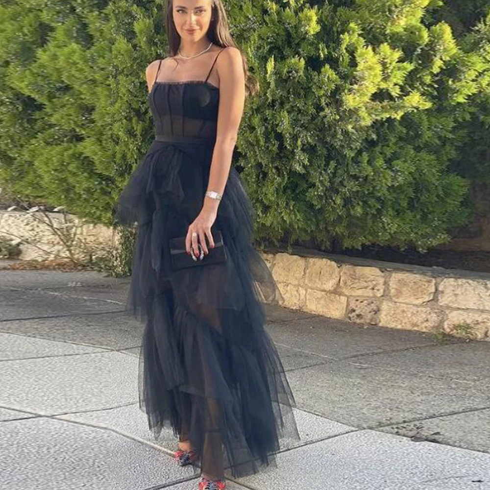 

Tulle Prom Dresses 2022 Square Collar Spaghetti Straps Sleeves Party Gowns Black Simple Ankle-Length Evening Dress Custom Made