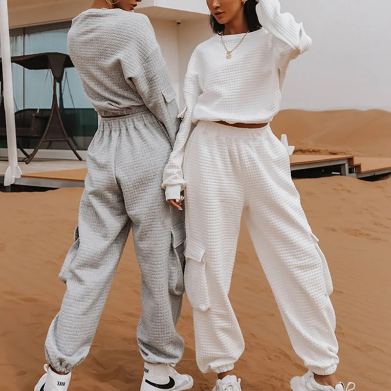 

Women Fashion Casual Solid Color Waffle Suits Female O Neck Pullover Top Elastic Waist SportPant Two Pice Sets 2022 Spring