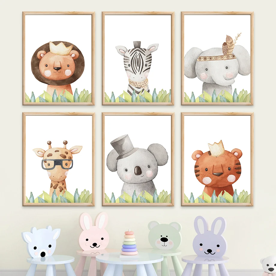 

Lion Zebra Giraffe Elephant Tiger Koala Cartoon Wall Art Canvas Painting Nordic Posters And Prints Wall Pictures Kids Room Decor