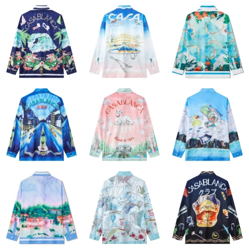 

2023 New CASABLANCA Crane Flowers Print Shirt 1:1 Casablanca Men Women Hawaiian Style Long Sleeve Casual Beach Shirt