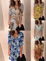 2022 new products fashion print v neck lotus leaf mid long sleeve sleeves short casual comfortable dress