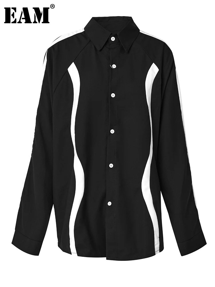 

[EAM] Women Black Color-block Big Size Casual Blouse New Lapel Long Sleeve Loose Fit Shirt Fashion Spring Autumn 2023 1DF8111