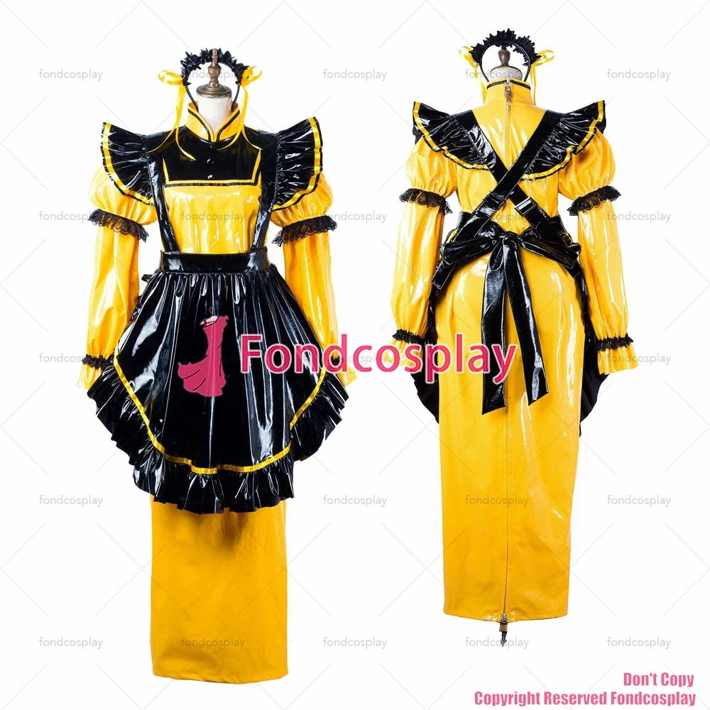 

Длинное желтое пикантное платье с крестом для взрослых fondcosplay, тонкое ПВХ платье, запираемое, Униформа, черный фартук, CD/TV[G2199]