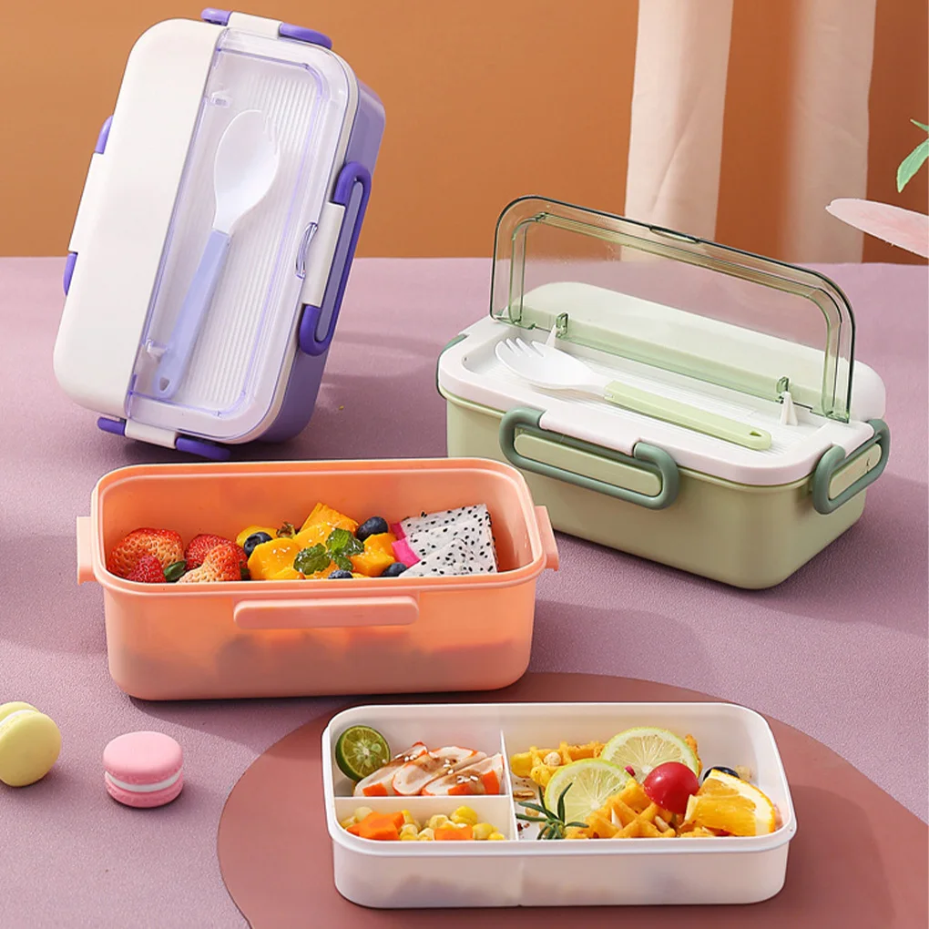 

Portable Lunch Box Compartments 4 Buckles Office Worker Adults Student Food Container Lid Phone Holder Organizer with Spoon