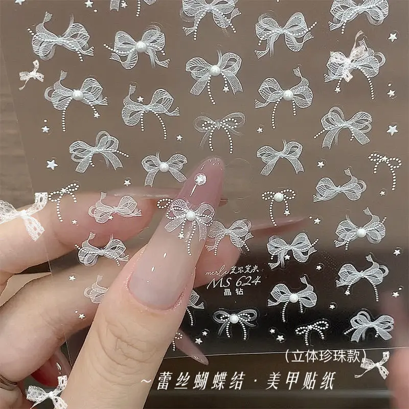 5D жемчужное кружево белая лента бант наклейки для дизайна ногтей розовый белый