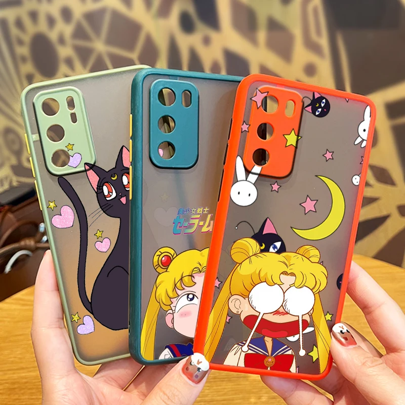 

Anime Hot Girl Sailor Moon For Huawei P50 P40 P40 P30 P20 Mate 40 20 10 Nova 8 3i 2i Frosted Translucent Phone Case Fundas Cover