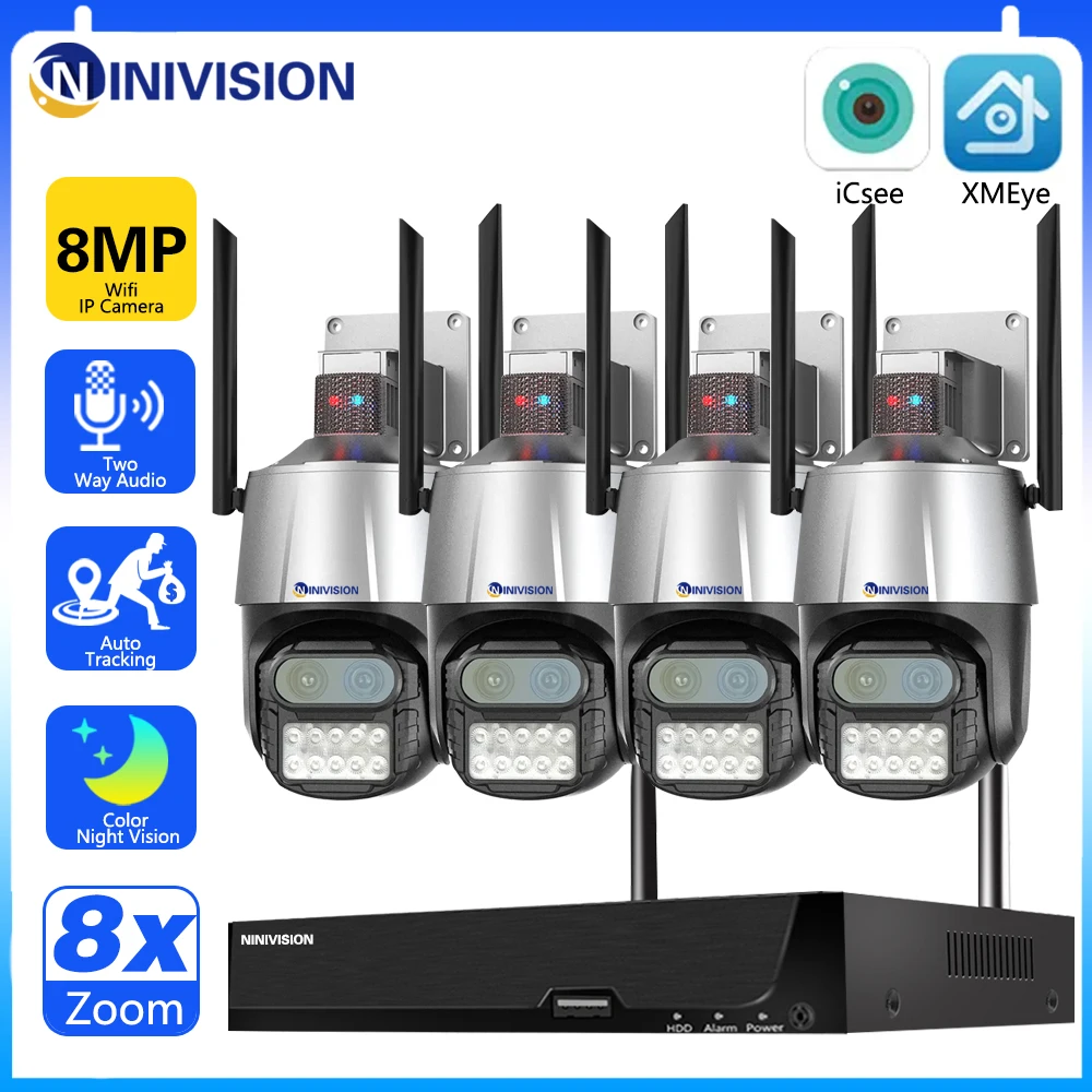 

8MP Wireless Video Surveillance Cam System 8CH XMeye Wifi NVR Color Night Vision Two Way Audio Security CCTV 8X Zoom Camera Kit