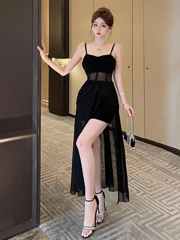 Южная Корея Шикарное французское платье Hepburn Sle Черное облегающее талию на