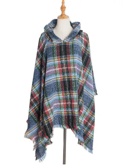 

Spring Autumn Winter Loop Yarn Double Sided Plaid Hooded Pullover Fashion Leisure Poncho Lady Capes Navy Cloaks