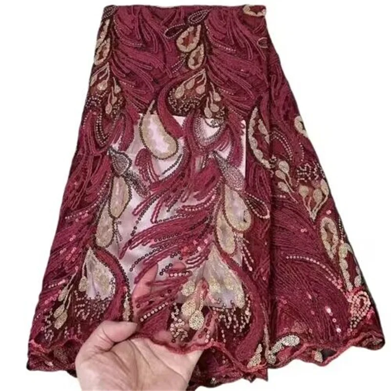 

Ткань нигерийская с блестками и вышивкой, 2023 красная/золотая, высокое качество, африканское кружево, французская сетчатая ткань для платья, искусственное шитье