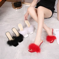 summer woman pumps slides pvc transparent feather perspex crystal high heels fur sandals peep toe mules slippers chinelos mulher