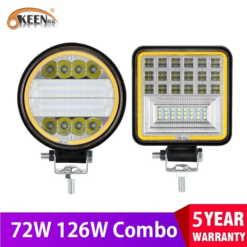 

72W LED Light Bar White Light with Yellow Halo Led Work Lights for Tractors Off-road DRL Car SUV Trucks Fog Lamp 12V 24V