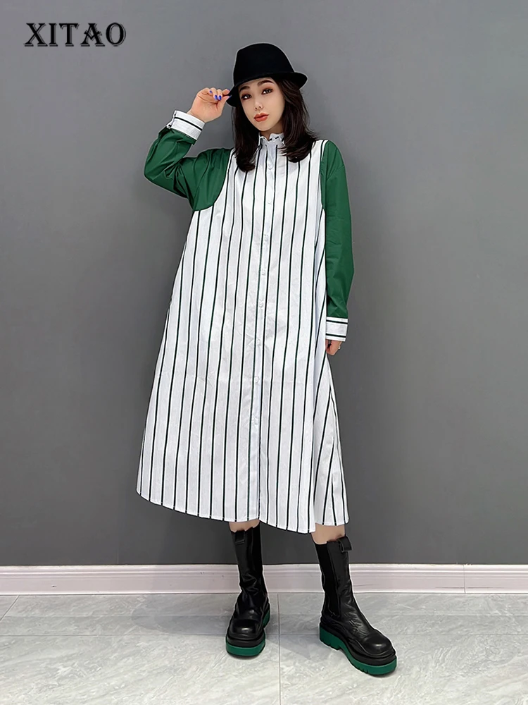 

XITAO Casual Striped Shirt Dress Loose Fashion Contrast Color Splicing Long Sleeve Women Autumn New Simplicity Dress WLD8809