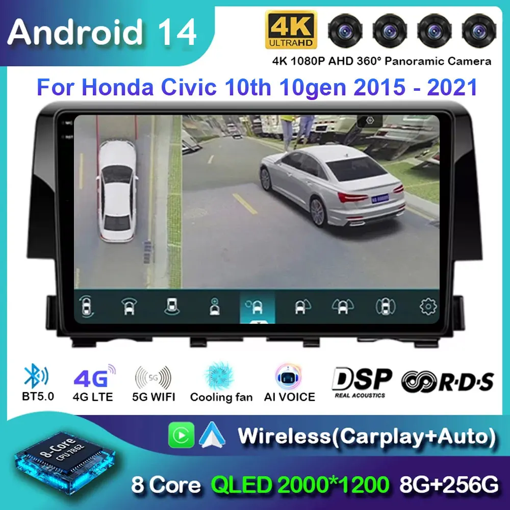Andriod 14 Автомобильная стереосистема для Honda Civic 10th 10gen 2015-2021 Мультимедийный плеер