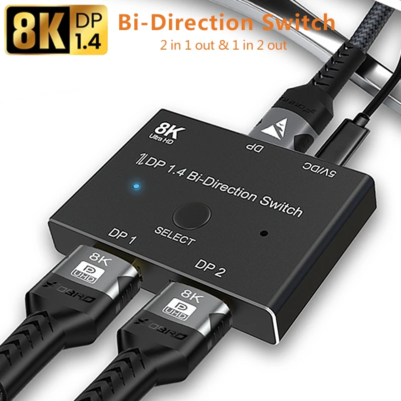 

8K DisplayPort Switch 2 in 1 Out DP 1.4 Bi-Direction Splitter 8K@60Hz 4K@120Hz 48Gbps 2X1 1X2 Display Port Converter Adapter Hub