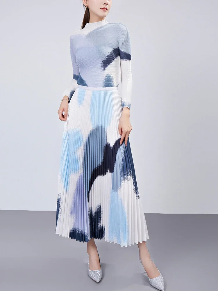 Женский плиссированный комплект EGRM осень 2024 топ с круглым вырезом и длинным