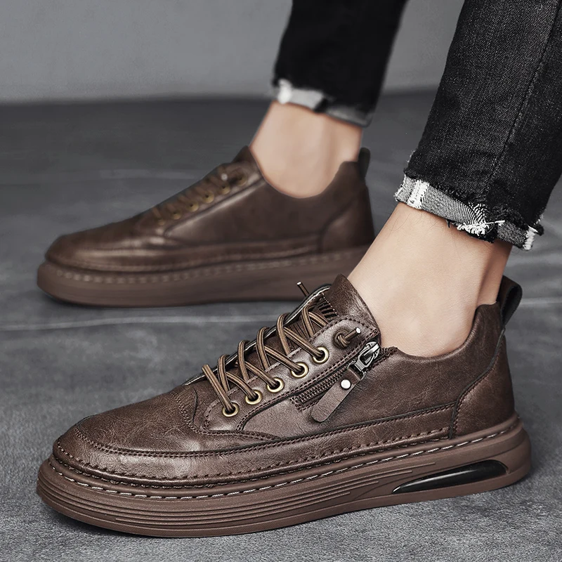 

All Season Microfiber Men's Casual Canvas Shoes Trendy Lace Up Men's Shoes With Side Ziipper Outdoor Men's Flat Board Shoes