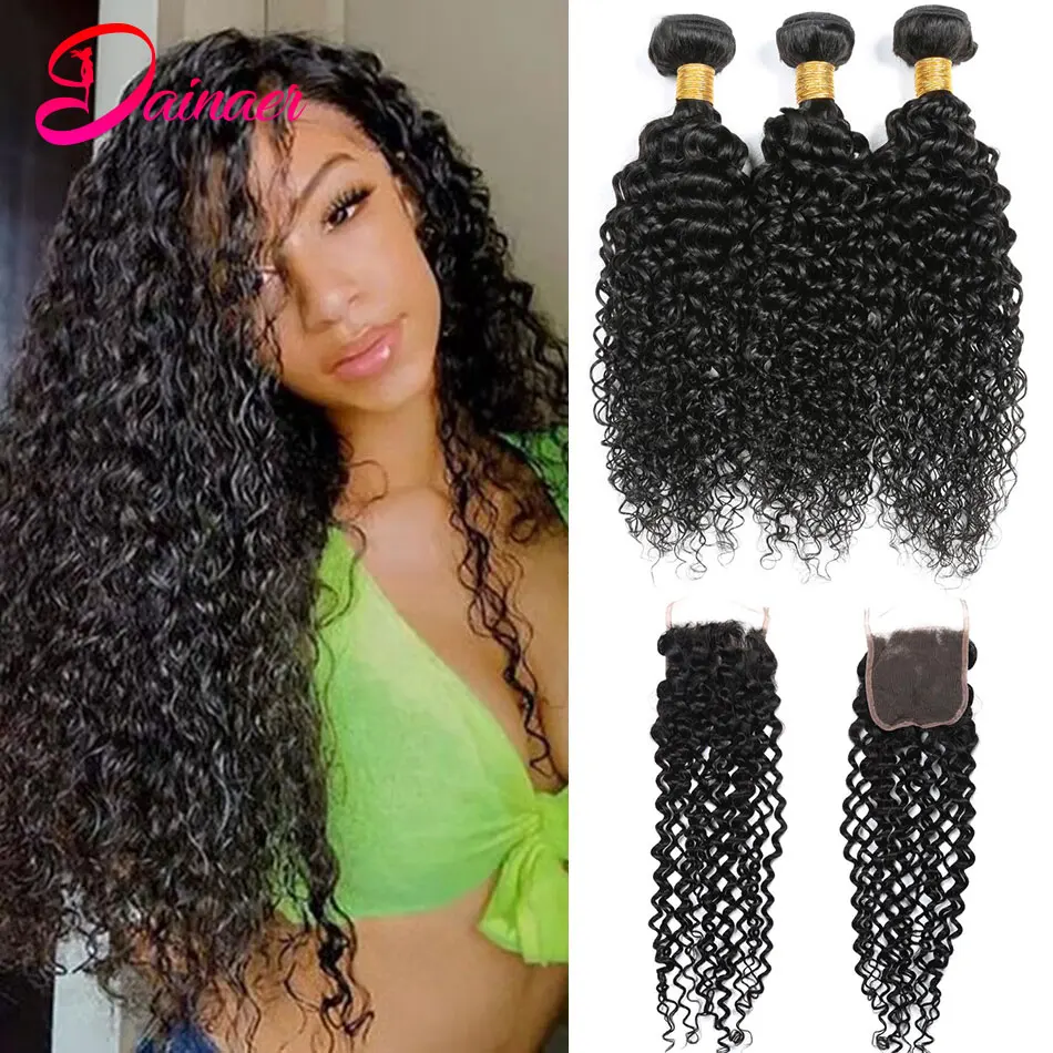 Brazilian Kinky Curly Bundles With Closure Human Hair Extensions 4x4 Closure With Bundles Natural Black  Remy Hair With Closure