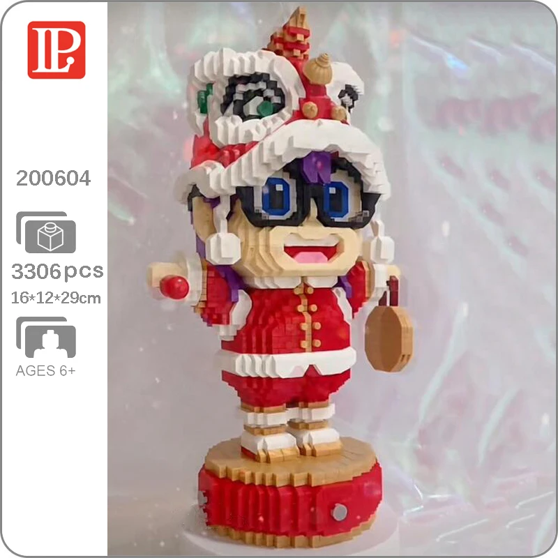 

LP 200604 Anime Dr.Slump Spring Festival Arale Lion Dance Hat Model Mini Diamond Blocks Bricks Building Toy For Children No Box