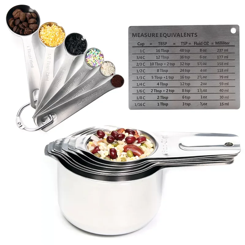 

Measuring Cups and Spoons Set of 14, Stainless Steel 7 Measuring Cups and 6 Measuring Spoons with Measurement Conversion Chart