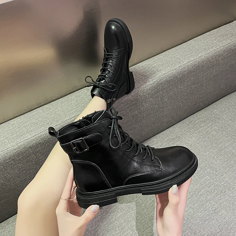 

Ankle Boots Women 2022 Winter New Quality Leather Women's Combat Boots Round Toe Low Zip Platform Shoes Gothic Shoes for Women