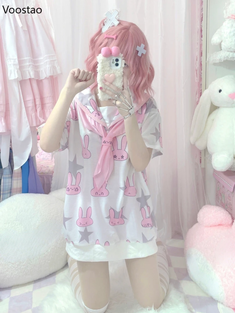 

Japanese Kawaii Solior Collar T-shirt Dress Women Sweet Y2k Aesthetic Graphic Tees Women Rabbit Print Harajuku Long Tshirts Tops