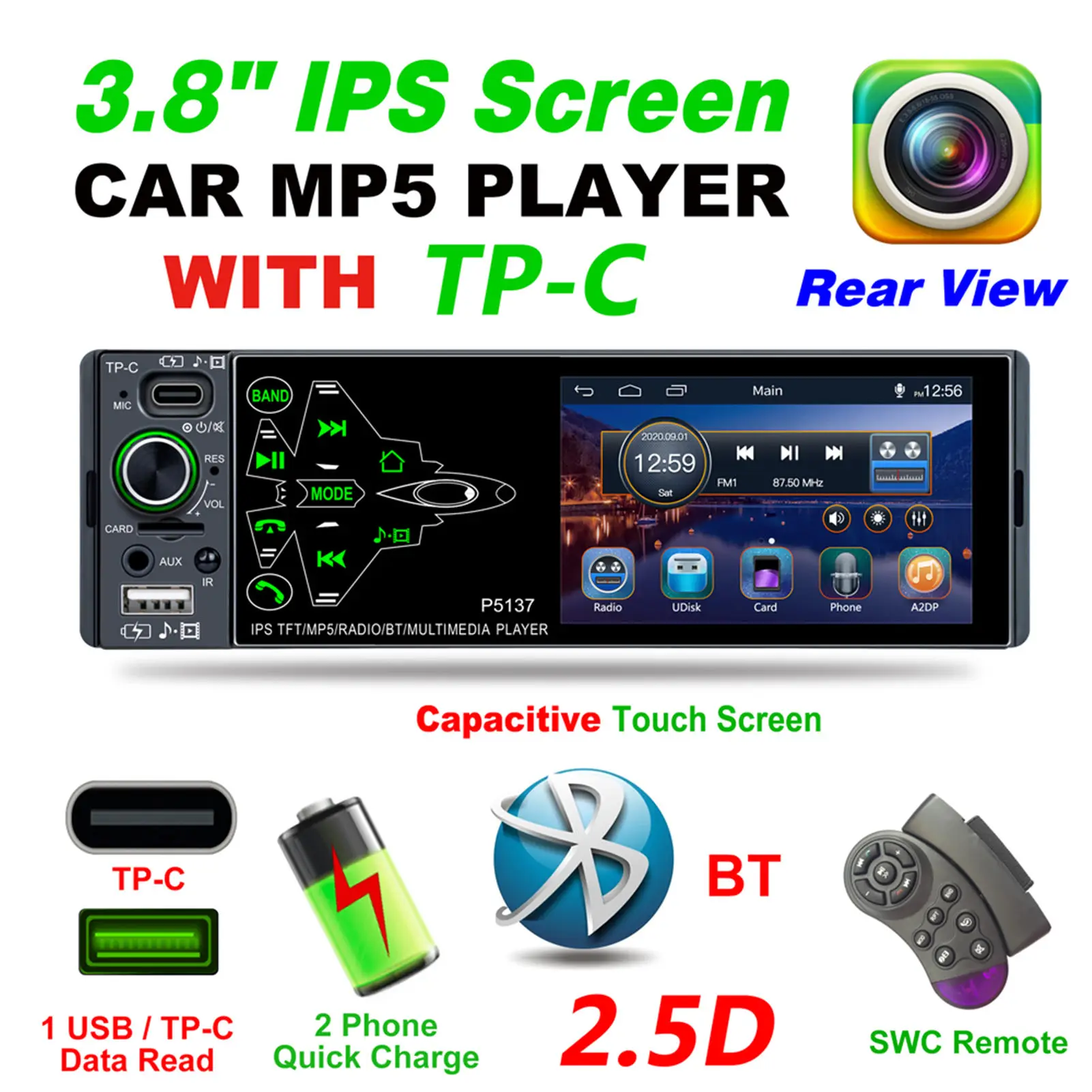 

Car Radio Car Stereo With Blue Tooth 1Din 3.8in Car Radio With USB/AUX/TPC/RCA/TF Port 4 X 50W FM Receiver Digital MP5 Player