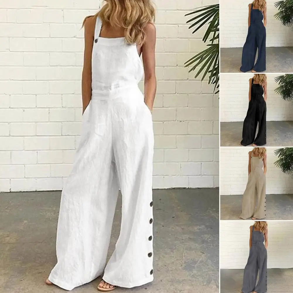 

Summer Women Jumpsuit Sleeveless Solid Color Wide Leg Pockets Loose Strappy Playsuit Overall for Party