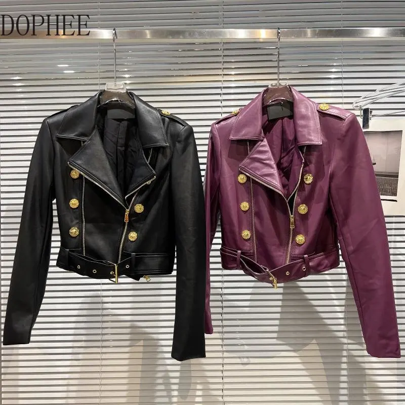 2022 New Autumn Fashion Purple Leather Jacket for Women Double-breasted Metal Buckle Diagonal Zip Locomotive PU Leather Coat