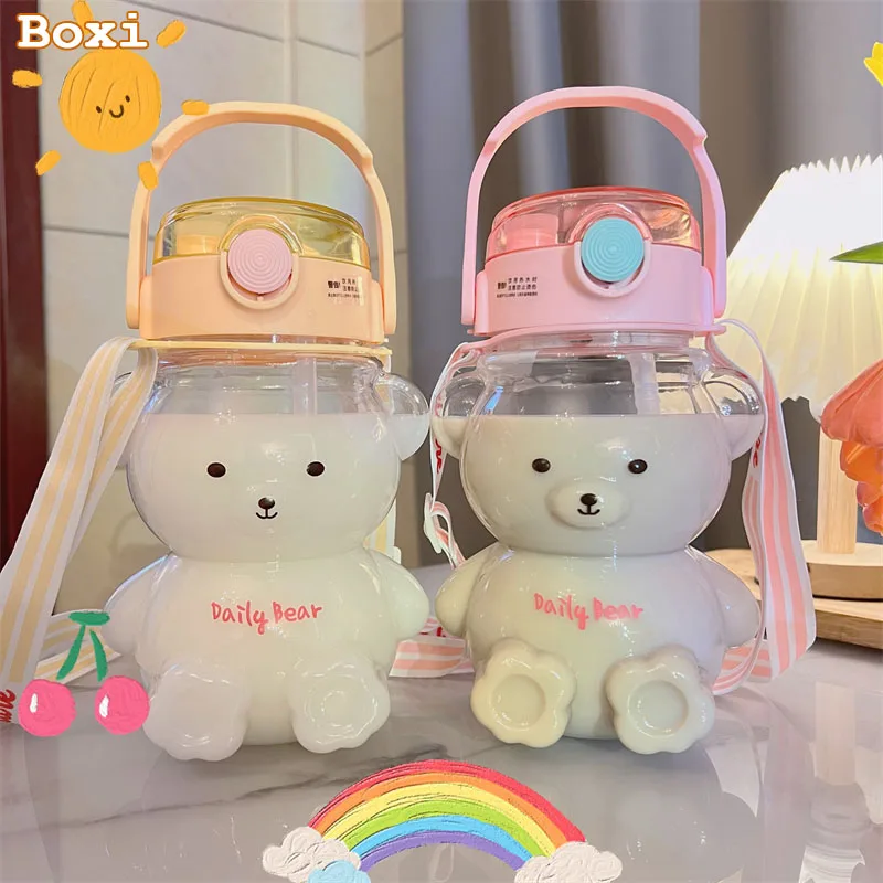 

Summer Large Capacity Milk Bubble Tea Water Bottles With Straw Strap Cute Bear Double Drink Bottles For Girls Kids Birthday Gift