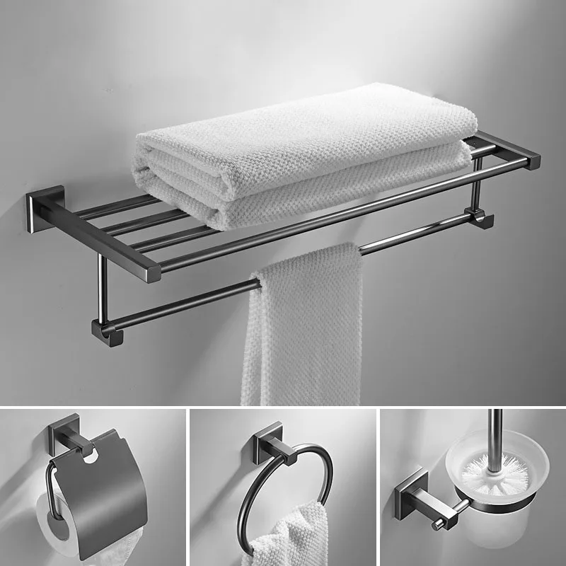 

Gun Gray Brass Bathroom Kit Bath Towel Rack Towel Rod Toilet Brush Towel Rack Towel Ring Hair Dryer Rack Hook Bathroom Suite