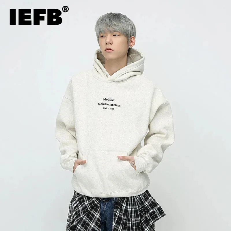 

Зимние мужские толстовки IEFB, трендовые толстые однотонные свободные бархатные пуловеры с капюшоном и надписью, топы, модная мужская теплая одежда 9C3459