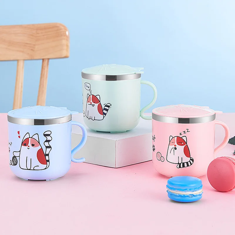 

304 Cartoon Stainless Steel Children's Cup Cute with Lid Kindergarten Baby Child Drinking Cup Breakfast Milk Cup 270ml