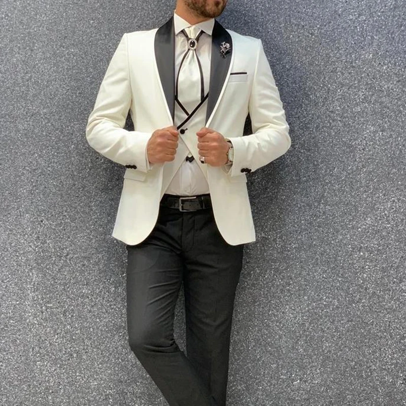

Ivory and Black Wedding Suits Fit Prom Party Suits Groom Tuxedos Shawl Lapel 3 Pieces Formal Men Suits Custom Made Jacket+Pants+