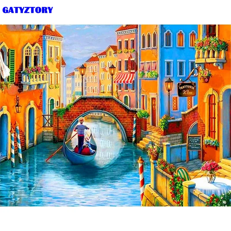 

GATYZTORY 40x50cm Framed Painting By Numbers Handpainted Water City Landscape Paint By Number Acrylic Draw Canvas Crafts