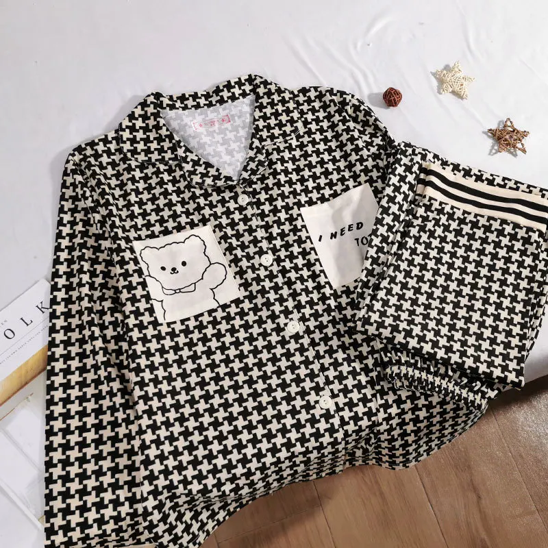 Pajamas Female Korean Sweet and Cute Net Red Long-sleeved Cardigan Girl Casual Trousers Home Clothing Suit Womens Pajamas