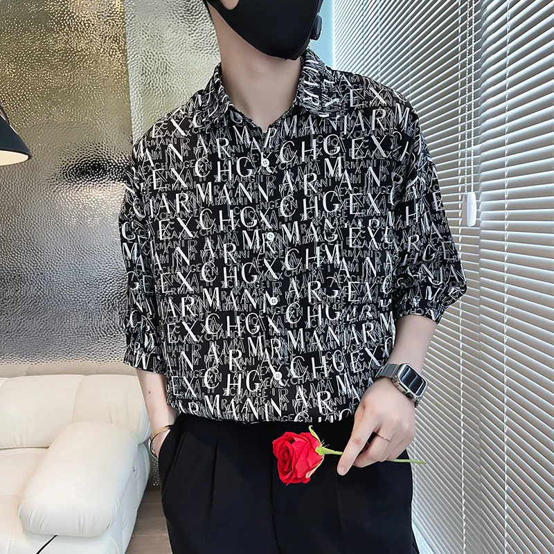 Full Letter Printed Shirts Men Summer Half Sleeve Loose Casual Shirt Hip Hop Harajuku Tops Social Oversized Shirts Men Clothing