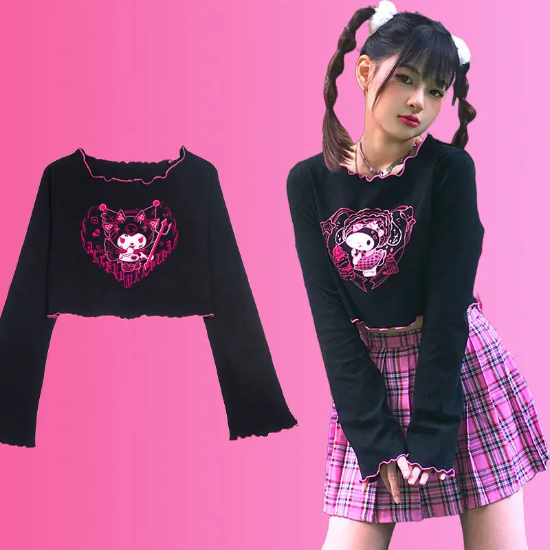 

Kawaii Sanriod Kuromi My Melody весна/лето мультяшный принт короткий круглый вырез с длинными рукавами футболка школьные Топы Игрушки для девочек