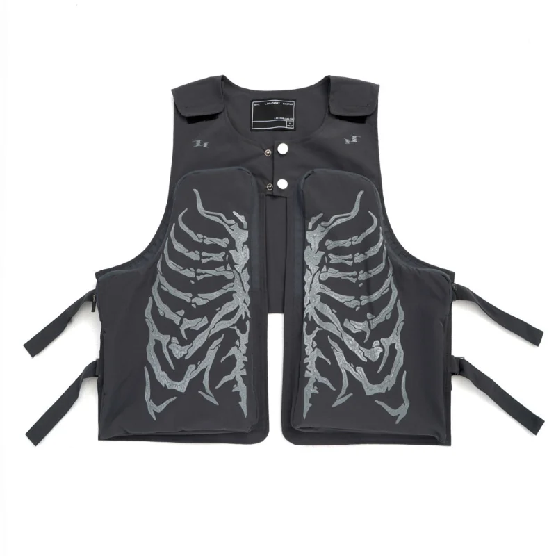

Hip Hop Skeleton Print Work Vest Men's Street Tide Sleeveless Vest Work Style High Street Trend Sleeveless Jacket