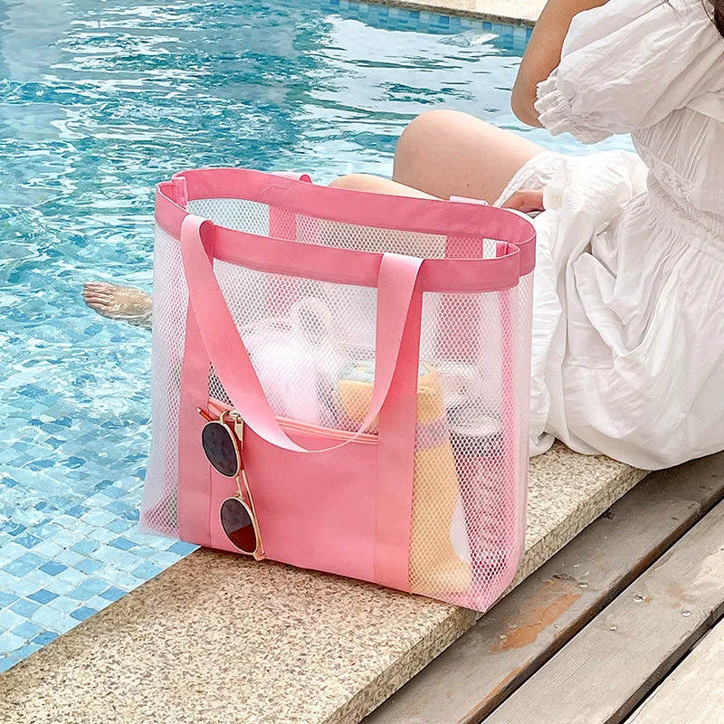 

2022 Women Summer Mesh Beach bag Female Shoulder Bag Tote Large Capacity Waterproof Polyester Pocket Camping Picnic Shopping Bag