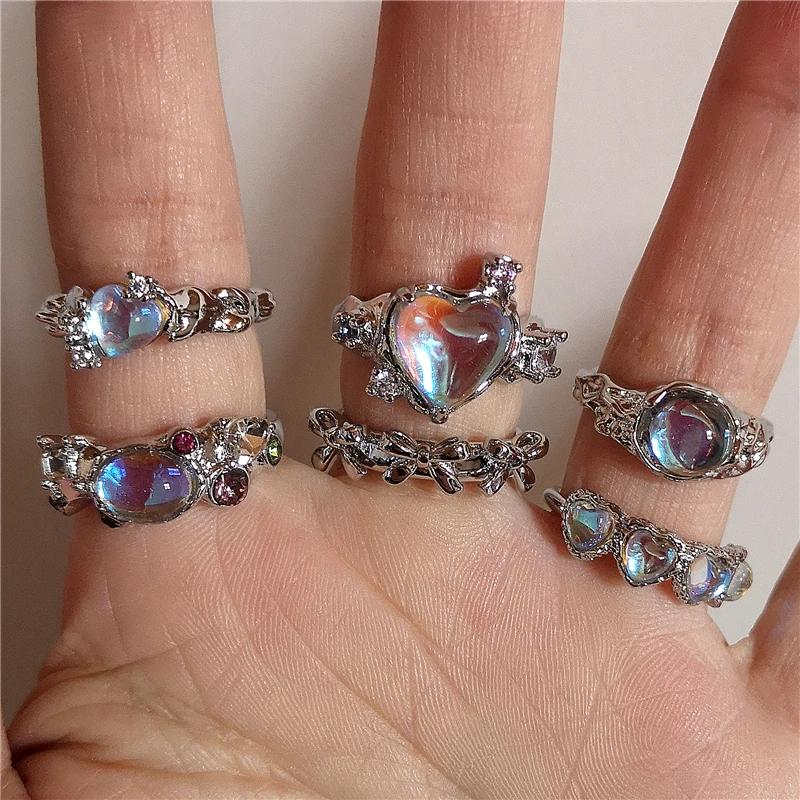 

2023 Kpop Goth Shiny Luxury Aesthetic Cute Irregular Opal Heart Open Ring For Women Wedding Engagement Jewelry Y2K Accessories