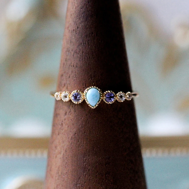 

925 пробы Серебряное кольцо для женщин с морским узором Ларимар Танзанит белый топаз драгоценный камень позолоченные ювелирные изделия LMRI144